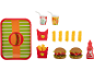 Ensemble de jouets fast-food avec plateau, hamburgers, frites, boissons et ketchup