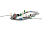 Ensemble de jeu en bois route et rail avec véhicules, panneaux de signalisation et passage à niveau.