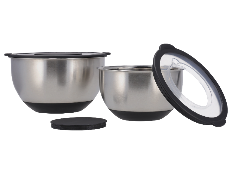 Deux bols en acier inoxydable avec couvercles.