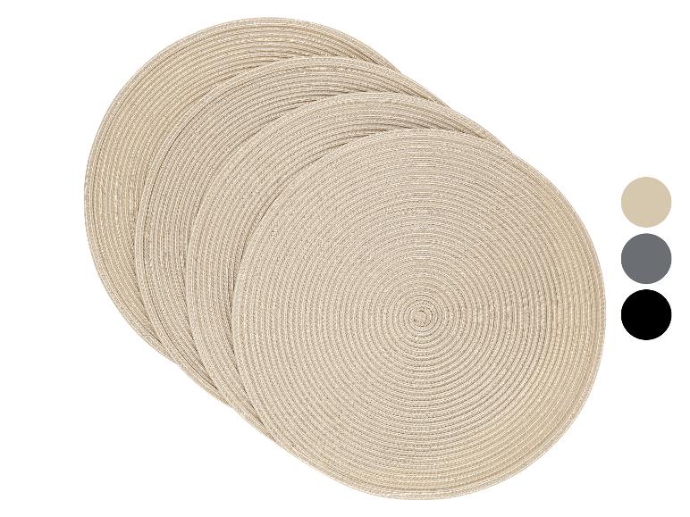 Six sets de table ronds beiges avec un motif en spirale et des options de couleur