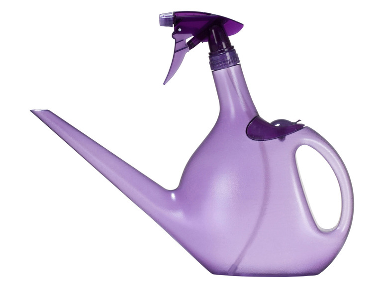 Un arrosoir violet avec un pulvérisateur.