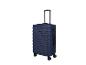 Valise de voyage bleu foncé avec poignée télescopique et quatre roues.