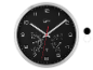 Horloge murale noire avec thermomètre et hygromètre, chiffres blancs et aiguilles blanches et rouges.