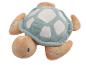 Tortue en peluche avec une carapace bleu clair et des taches blanches, avec une tête et des membres marron clair