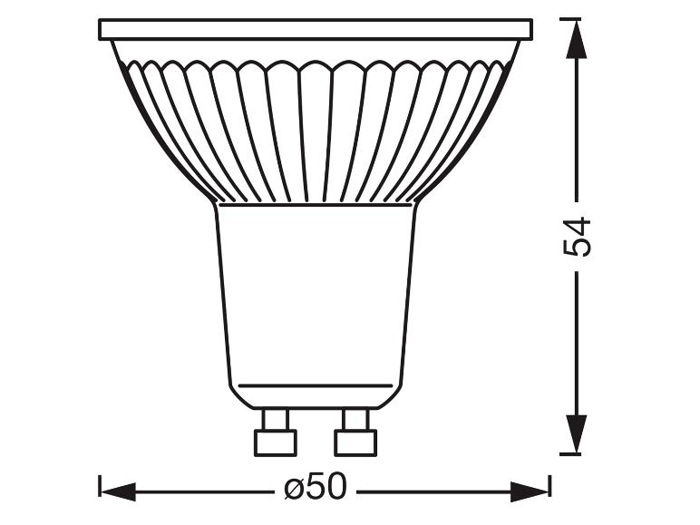 Dessin technique d'une ampoule avec dimensions : diamètre 50 mm, hauteur 54 mm.
