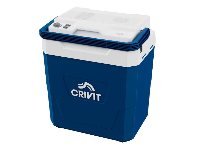 Glacière électrique Crivit bleue et blanche.