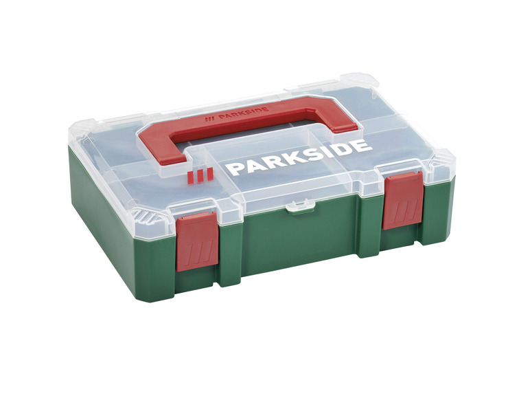 Boîte à outils verte avec couvercle transparent de Parkside.