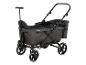 Poussette noire pour enfants avec poignée réglable et roues à jantes blanches.