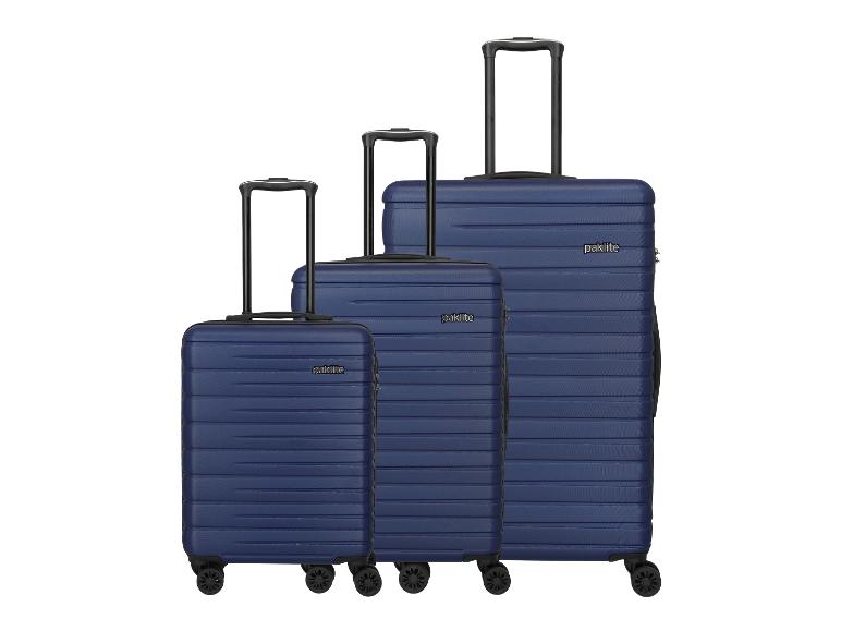 Ensemble de trois valises bleues de tailles différentes avec poignées télescopiques et roulettes.