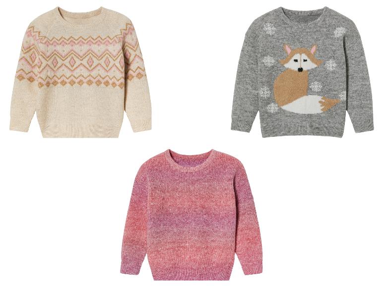Pulls pour enfants : beige à motif géométrique, gris avec un renard et rose dégradé.