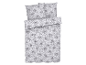 Parure de lit à motif floral gris sur fond blanc.