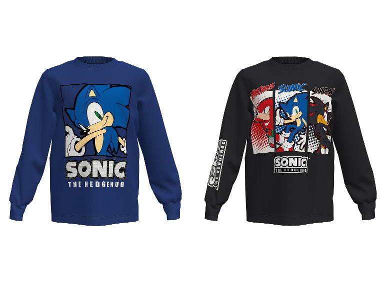 Deux sweats Sonic the Hedgehog : un bleu avec Sonic et un noir avec Knuckles, Sonic et Shadow.
