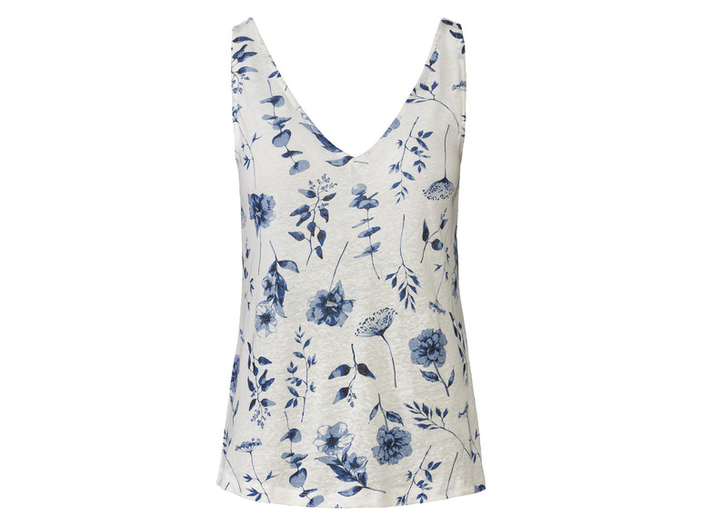 Un débardeur blanc avec un motif floral bleu.