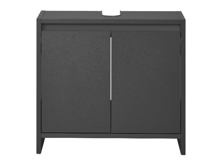 Une armoire de salle de bain gris foncé à deux portes.