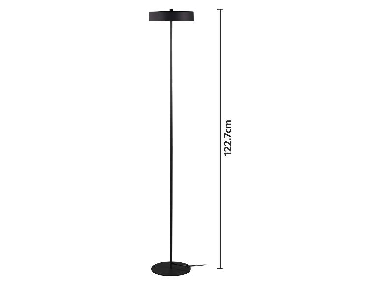 Lampadaire noir avec une base ronde et une hauteur de 122,7 cm.