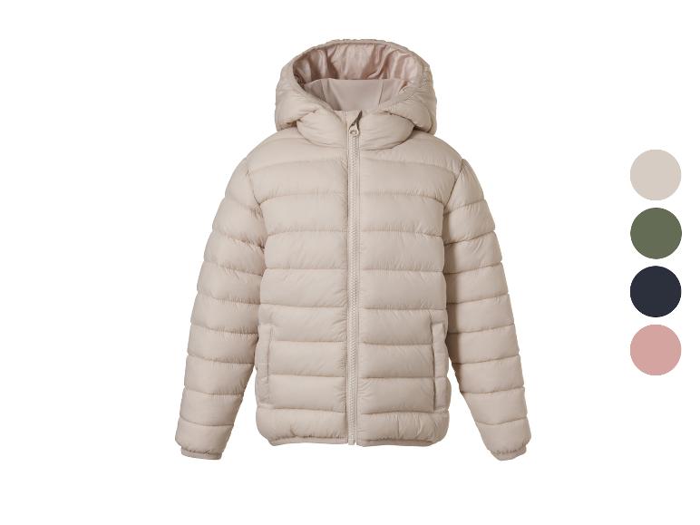 Doudoune beige clair à capuche et fermeture éclair, avec des échantillons de couleur.