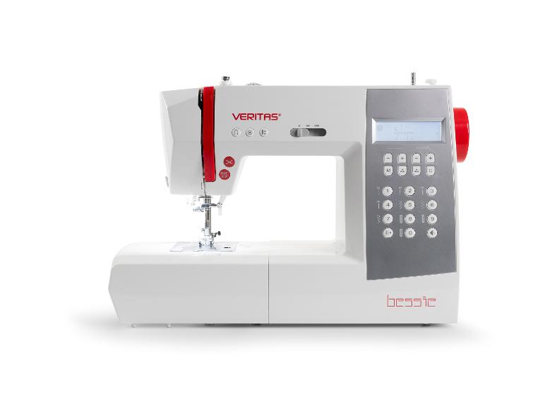 Machine à coudre blanche et rouge avec écran numérique et boutons.