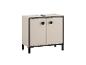 Meuble de salle de bain avec lavabo intégré, armoire beige avec poignées et pieds noirs.