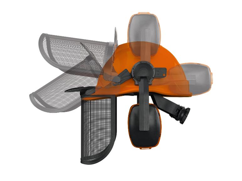 Un casque de sécurité orange avec visière, protection auditive et une caméra.