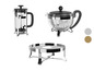 Une cafetière à piston en verre, une théière et un support en métal.