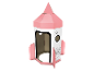 Une maison de jeu en forme de fusée rose en carton, avec un motif licorne.