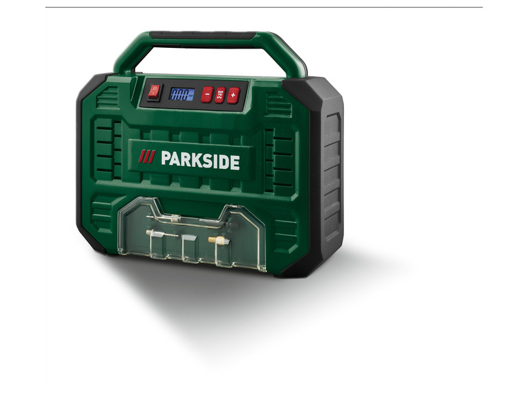 Un compresseur d'air Parkside vert avec un écran digital.