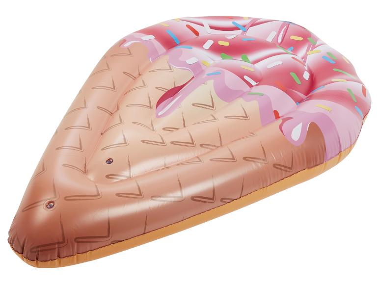 Île flottante gonflable en forme de cornet de glace rose et brun.