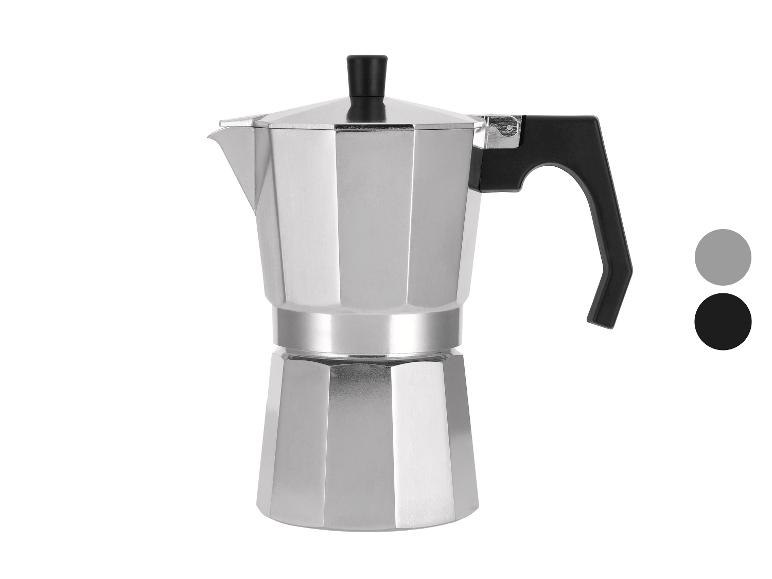 Cafetière moka en aluminium avec poignée et bouton noirs, avec échantillons de couleur grise et noire.
