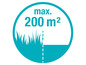Un cercle avec de l'herbe et le texte 'max. 200 m²'.