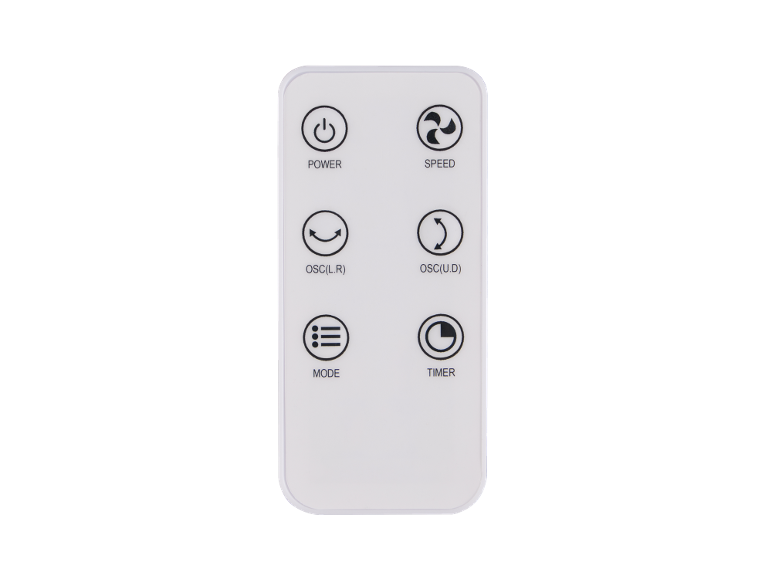 Télécommande blanche pour ventilateur avec six boutons et icônes noires.