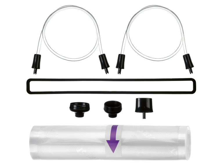 Kit d'accessoires pour machine sous vide avec tuyaux, joint, bouchons et rouleau de film.