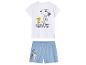 Pyjama Peanuts : t-shirt blanc et short bleu clair à l'effigie de Snoopy et Woodstock.