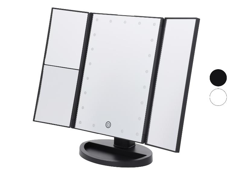 Miroir cosmétique triple noir avec lumières LED et base.