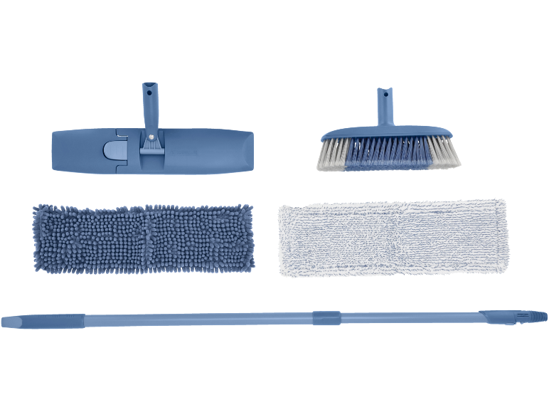 Kit de nettoyage bleu avec brosse, serpillière et manche télescopique.