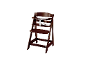 Chaise haute en bois marron foncé avec siège et repose-pieds réglables, et harnais de sécurité blanc.