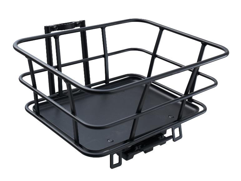 Panier de vélo en métal noir avec fond plat et matériel de montage