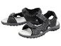 Paire de sandales noires pour hommes avec surpiqûres blanches et semelles grises.