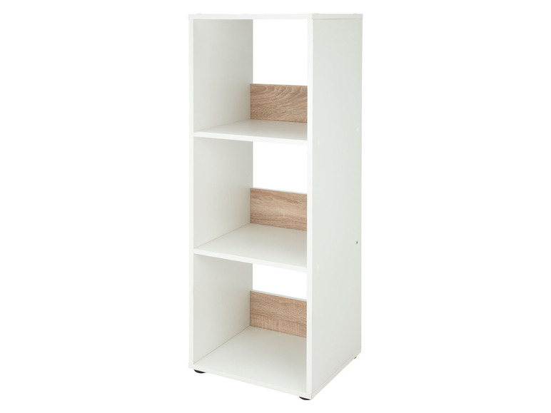 Étagère blanche avec trois étagères et des accents en bois.