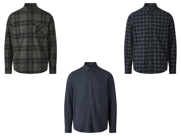 Trois chemises en flanelle à carreaux : verte, marine et bleu foncé.