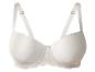 Soutien-gorge beige avec détails en dentelle et bretelles réglables.
