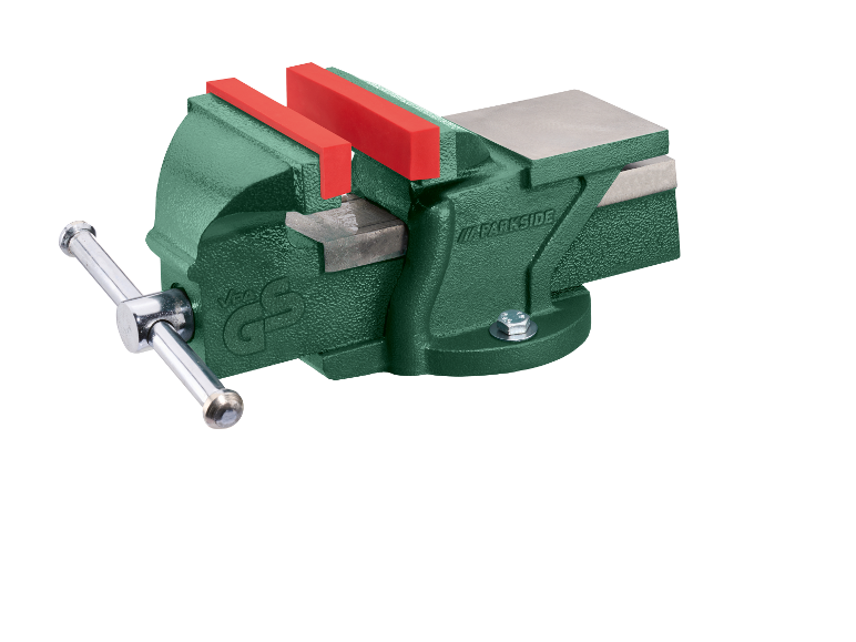 Un étau Parkside avec des plaquettes de protection rouges.