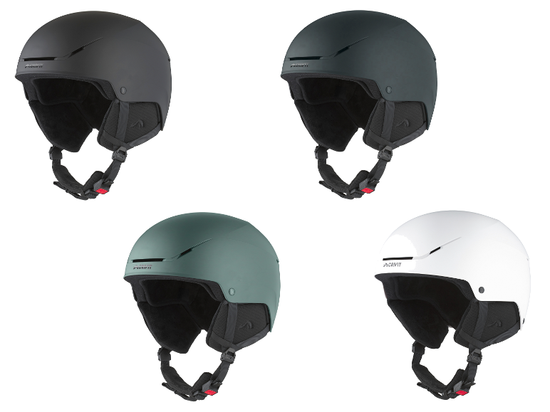 Casques de ski et snowboard CRIVIT en noir, gris foncé, vert olive et blanc.