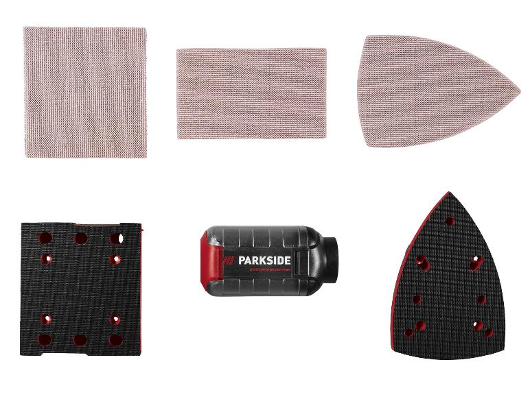 Six accessoires de ponceuse, dont trois feuilles abrasives et trois patins de ponçage.