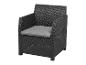 Un fauteuil de jardin en osier noir avec un coussin gris.