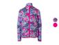 Veste polaire enfant à motif abstrait bleu, rose et blanc, avec fermeture éclair fuchsia
