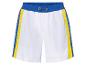 Shorts blancs avec bandes latérales bleues et jaunes.