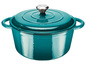 Une casserole en fonte de couleur turquoise avec un couvercle.