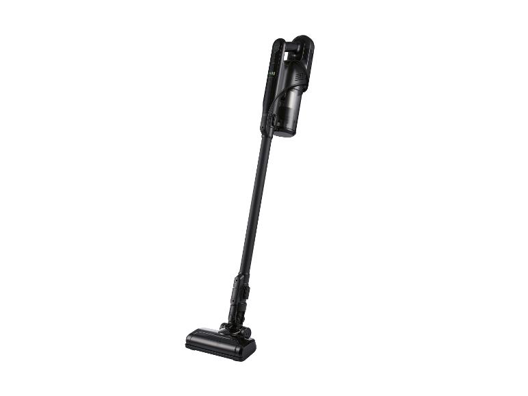 Un aspirateur sans fil noir avec un long tube et une poignée rechargeable.