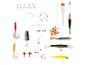 Assortiment d'hameçons, leurres souples, flotteurs et accessoires de pêche.