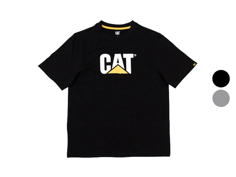 T-shirt noir à manches courtes, avec un grand logo blanc et jaune sur la poitrine.